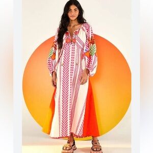 Farm Rio Jacquard Maxi/ midi Dress. Embroidered, poet sleeves, floral, feminine